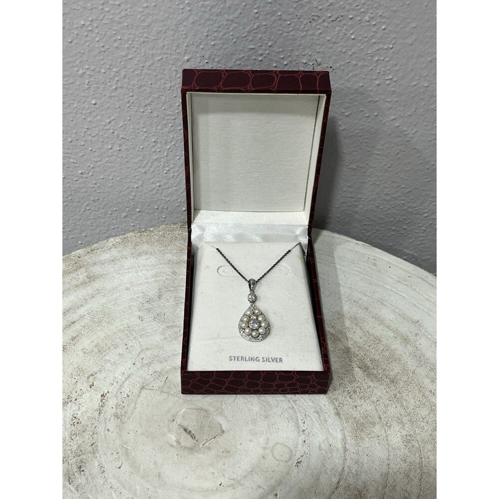 Vintage FD 925 Sterling Silver Pearl & CZ Teardrop Cluster Pendant Necklace NEW